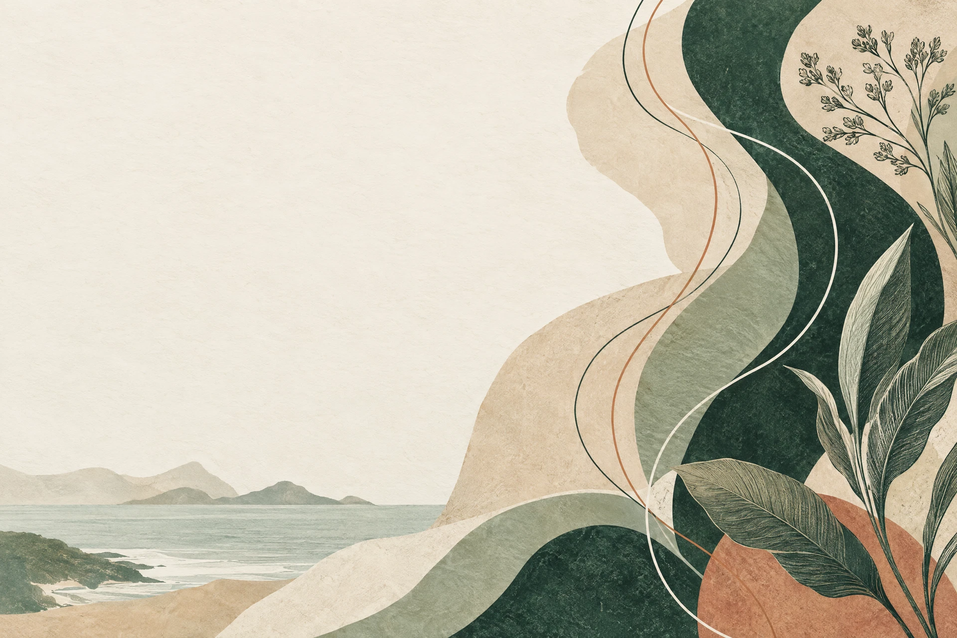 Ilustração editorial abstrata de formas orgânicas em tons de verde, areia e terracota